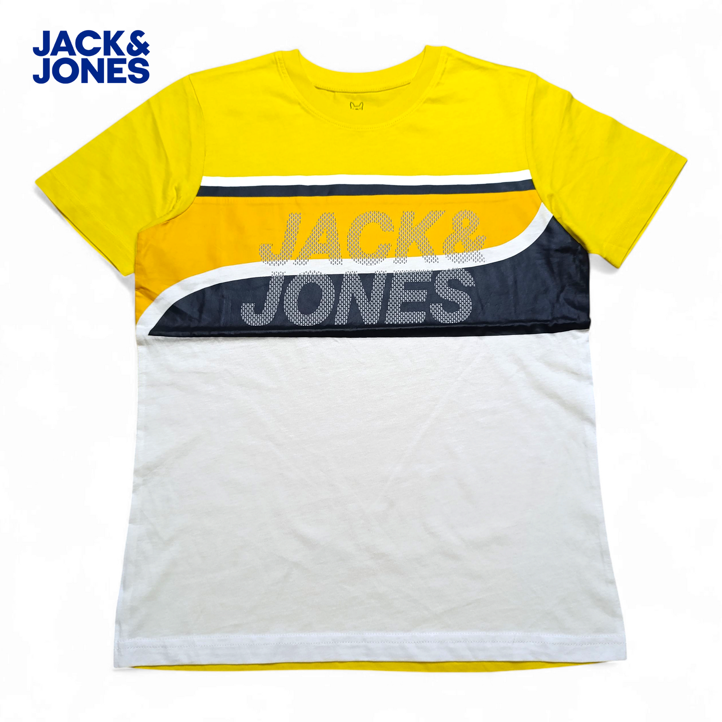Yellow and white t-shirt with 'Jack & Jones' branding on a white background
