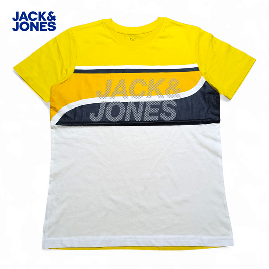 Yellow and white t-shirt with 'Jack & Jones' branding on a white background